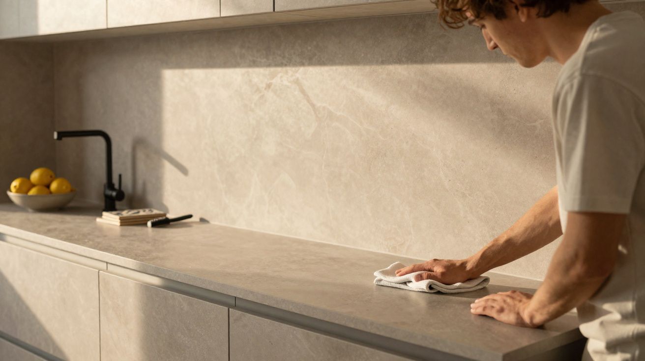 Pessoa a limpar uma bancada de cozinha cinzenta com um pano branco, com luz natural a entrar pela janela.
