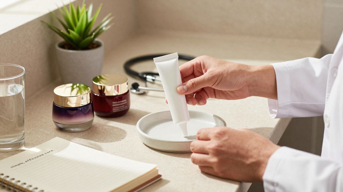 Mãos a espremer creme de um tubo branco numa pequena tigela, com frascos de cosméticos e caderno na mesa.
