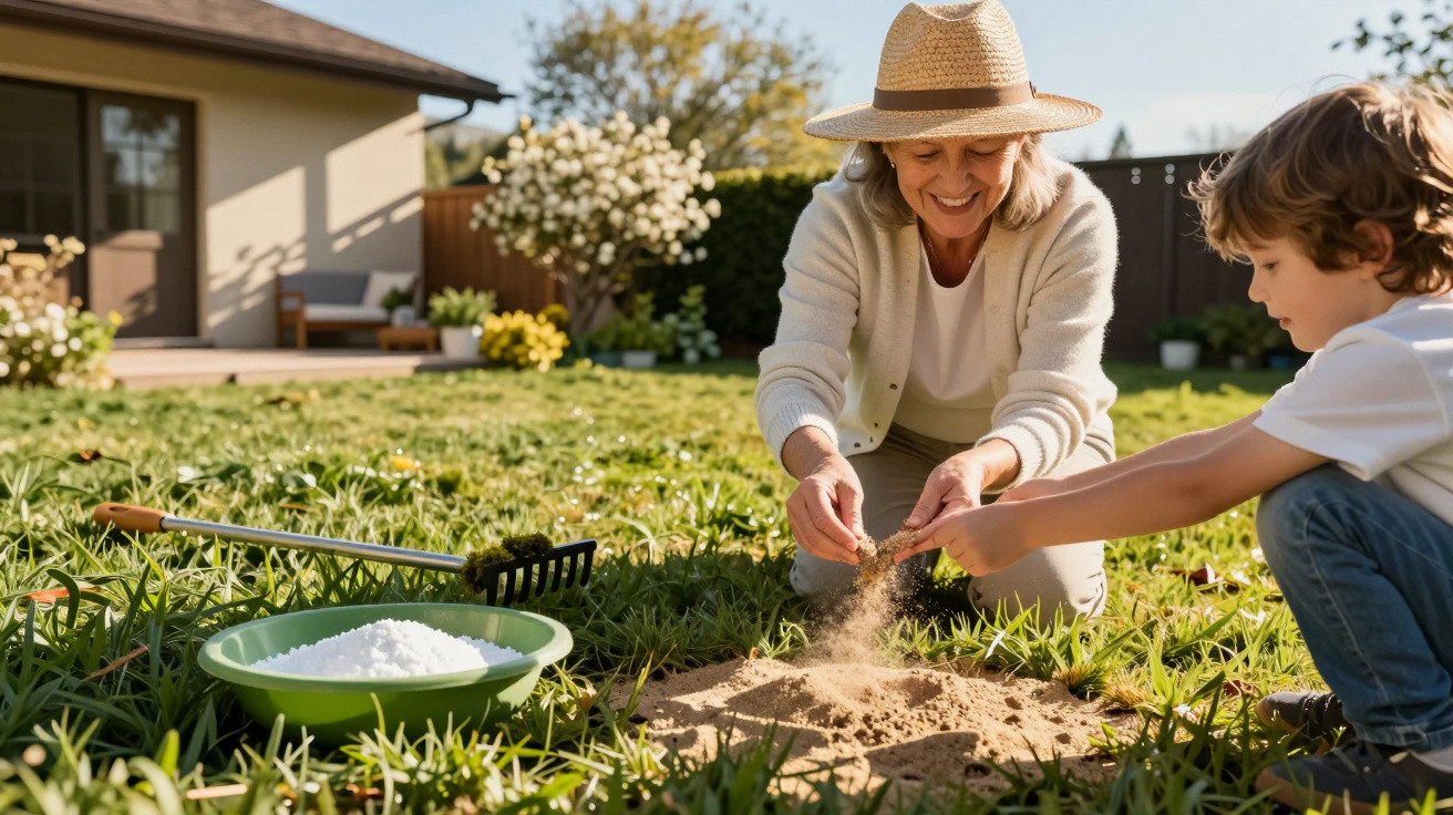 Mulher idosa e criança a brincar com terra num jardim ensolarado, com utensílios de jardinagem ao lado.