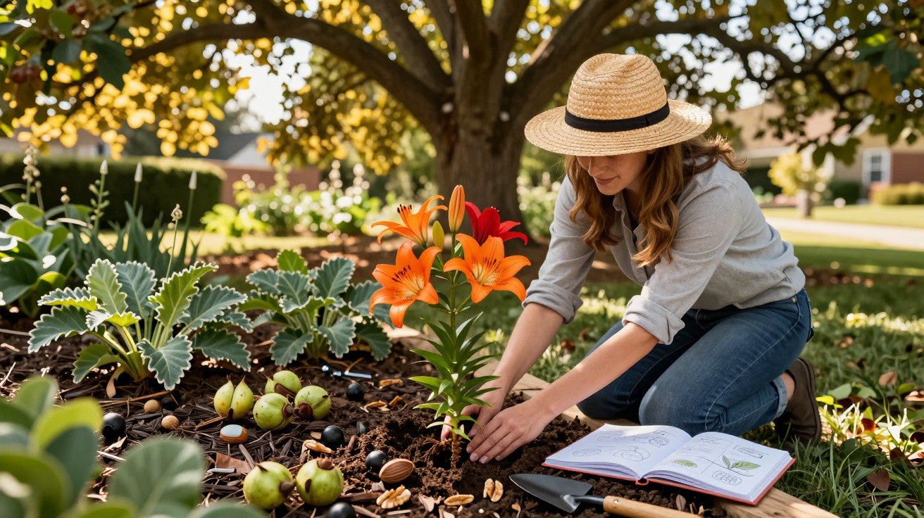 Mulher a plantar lírios laranja num jardim ensolarado, com chapéu de palha e livro aberto ao lado.