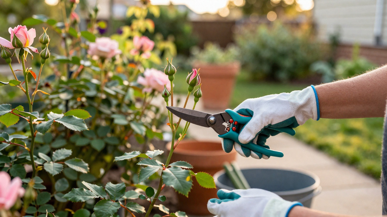 Mãos com luvas azuis a podar rosas cor-de-rosa num jardim com tesoura de poda e vasos ao fundo.