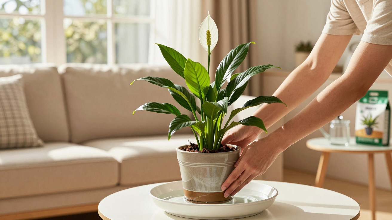 Pessoa a colocar vaso com planta com flor branca numa mesa em sala de estar iluminada natural