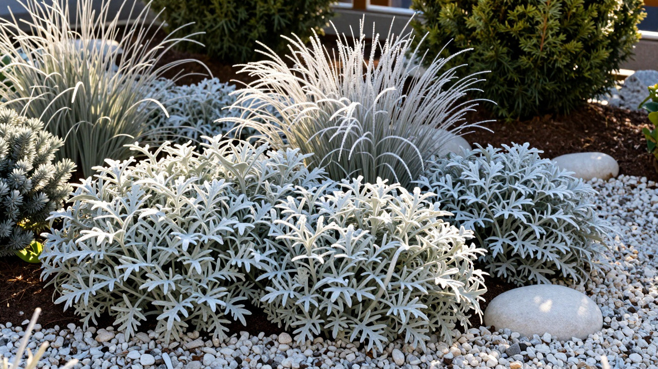 Jardim decorativo com plantas cinzentas e gramíneas rodeadas por pedras brancas e seixos grandes.