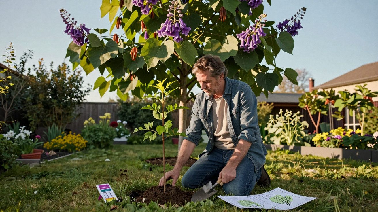 Homem a plantar jovem árvore num jardim com flores e plantas, segurando uma pequena pá.