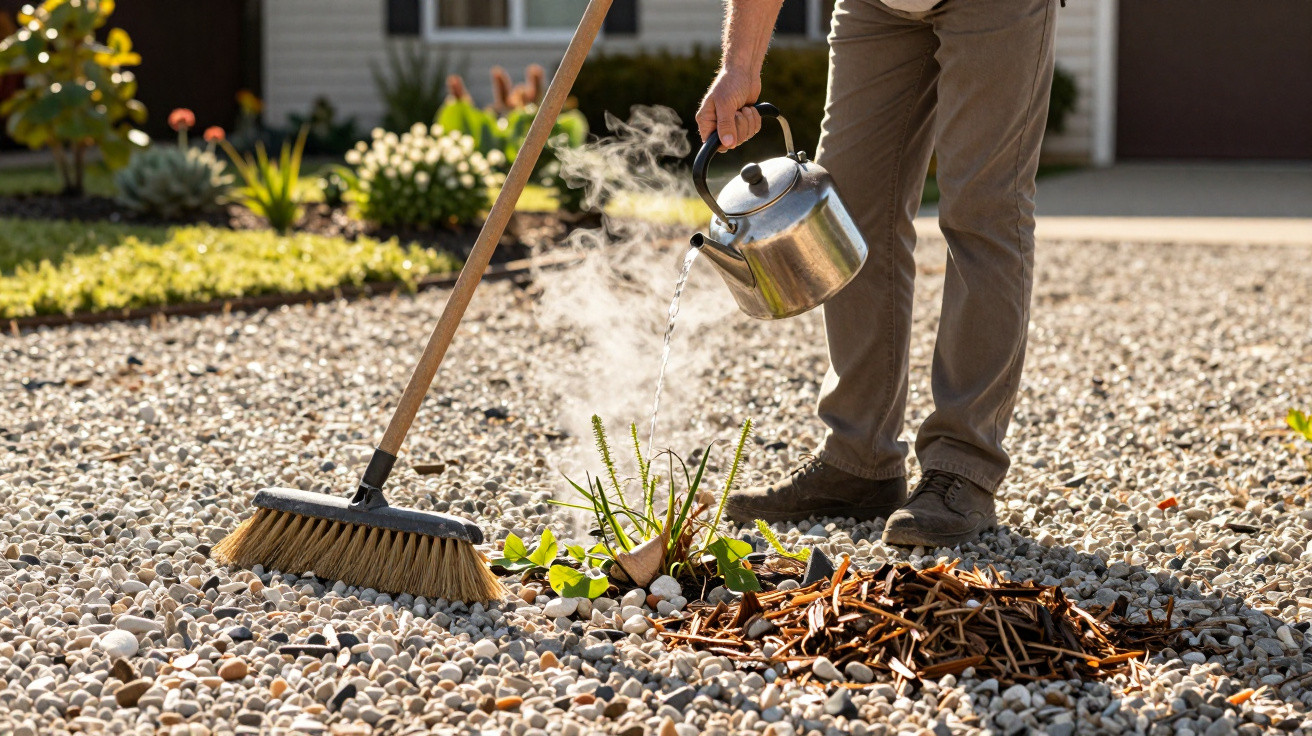 Pessoa a regar planta com chaleira de metal num jardim de pedras com ancinho ao lado.
