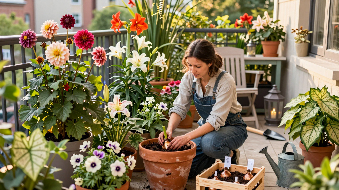 Mulher a plantar flores em vaso de barro numa varanda com várias plantas e flores coloridas.
