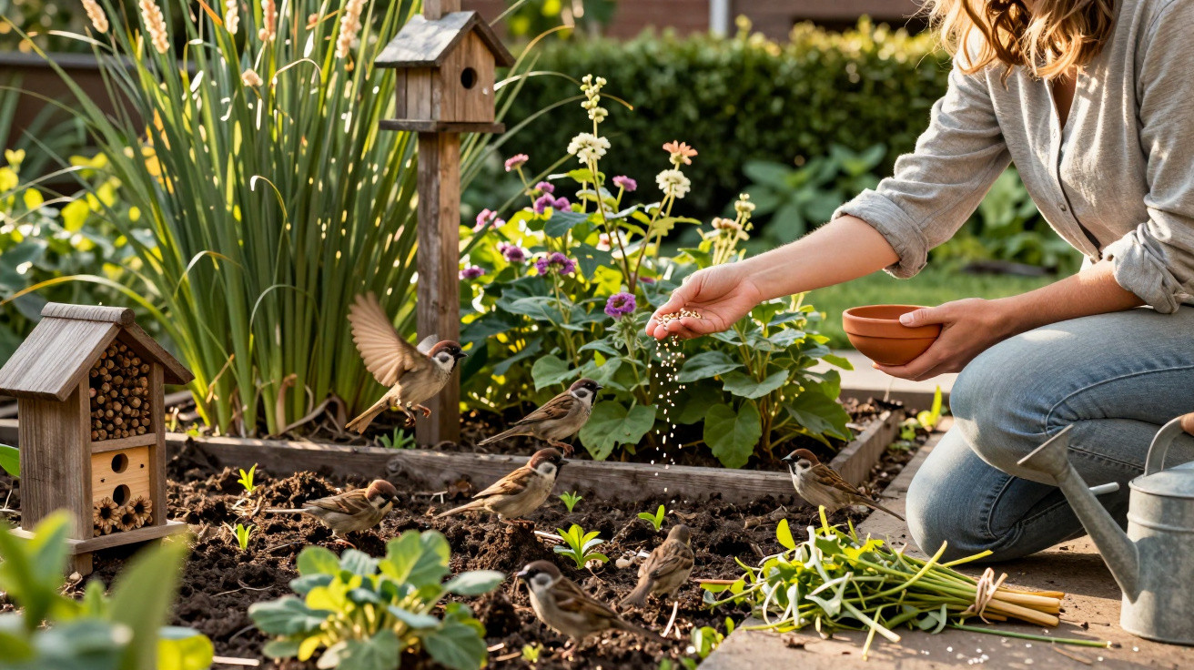 Pessoa a alimentar pássaros num jardim com flores e plantas, perto de casas para insetos e regador.