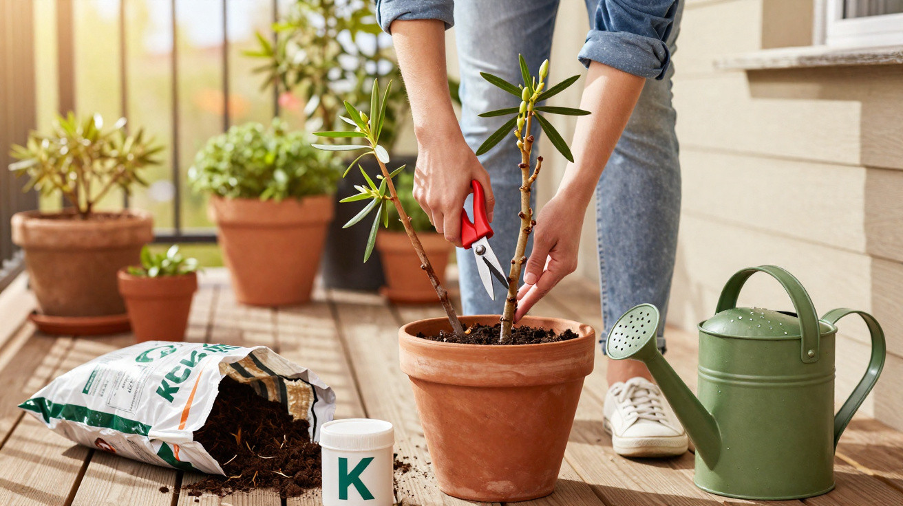 Pessoa a podar planta em vaso de terracota numa varanda com regador verde e saco de terra atrás.