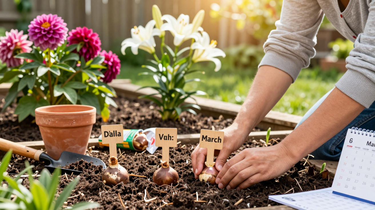 Pessoa a plantar bulbos de flores num jardim com etiquetas e calendário de março ao lado.