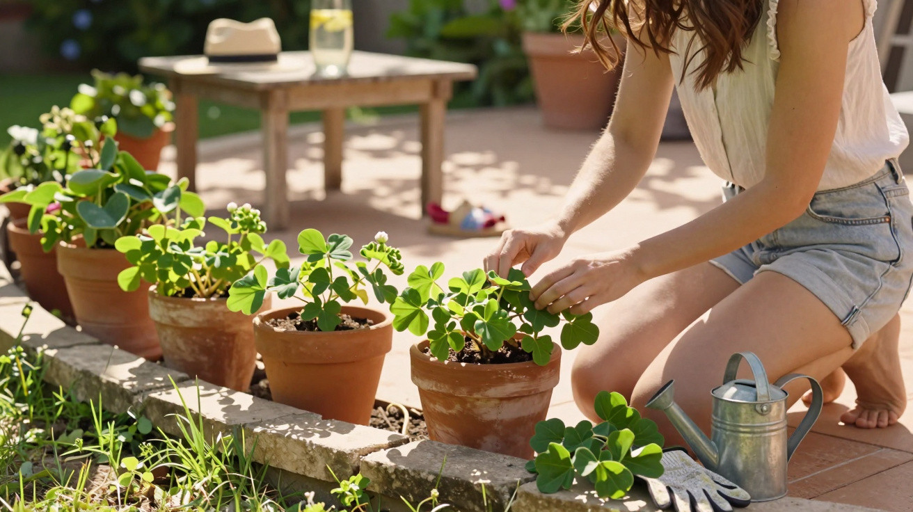 Mulher a cuidar de plantas em vasos de barro num jardim soalheiro, com regador e luvas ao lado.