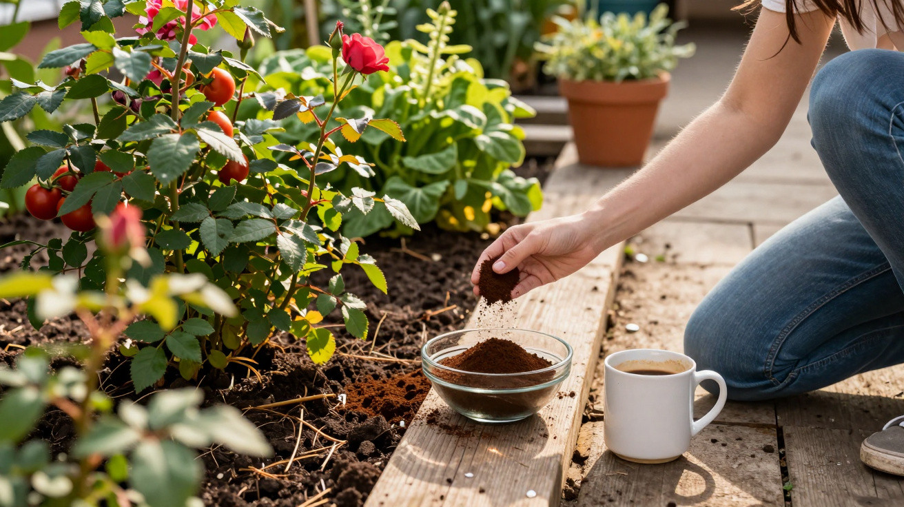 Pessoa a usar borra de café para adubar plantas num jardim com flores e vasos ao sol.