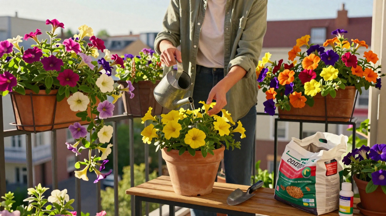 Pessoa a regar flores amarelas num vaso num alpendre com várias flores coloridas à volta.