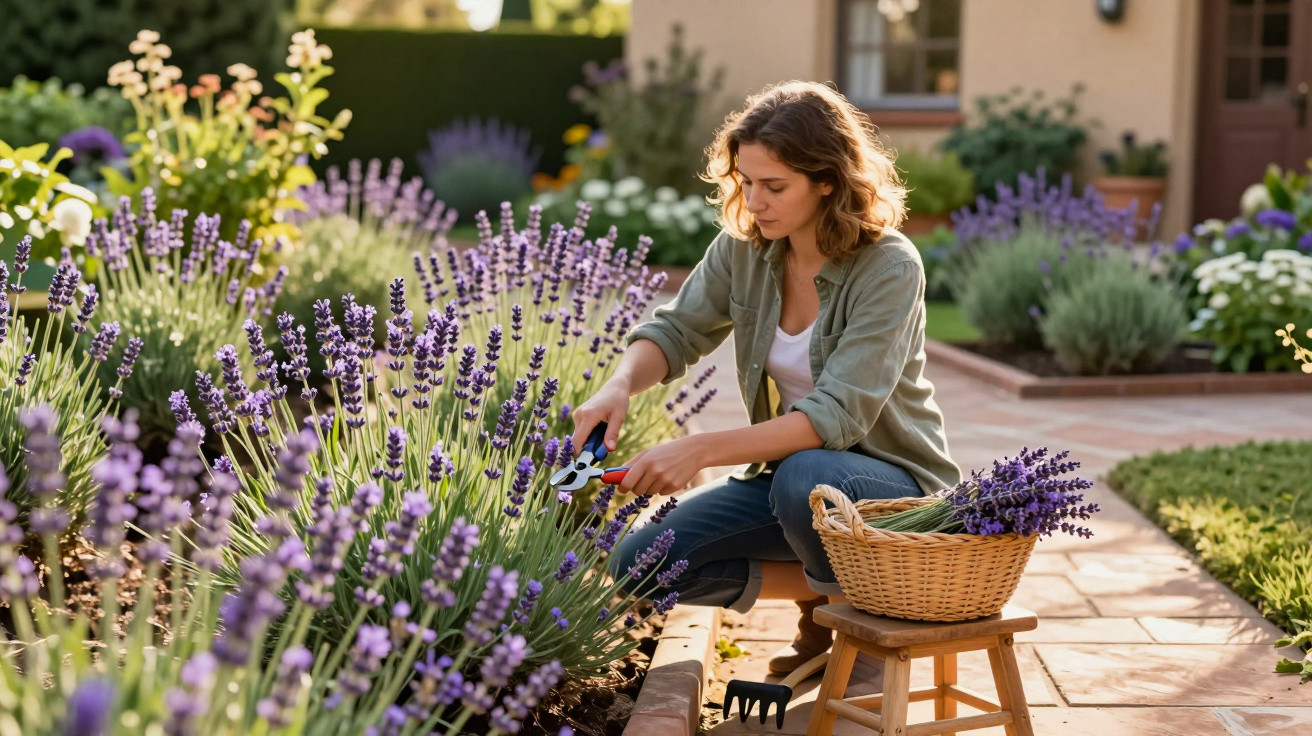 Mulher a colher flores de lavanda num jardim soalheiro com cesta ao lado e casa ao fundo.