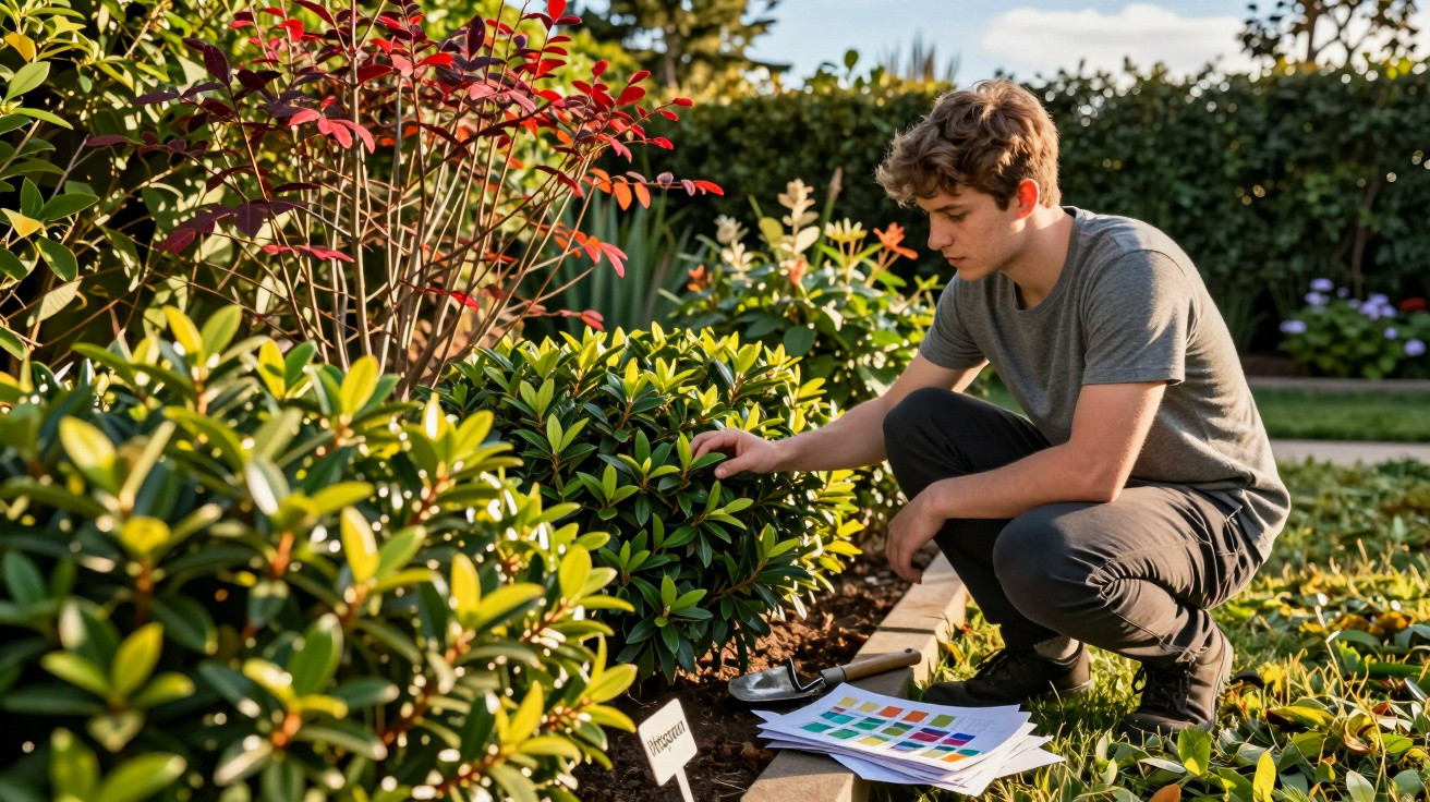 Jovem a inspeccionar plantas num jardim com uma tabela de cores no chão ao seu lado.