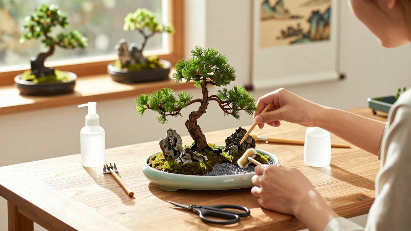 Pessoa a cuidar de árvore bonsai num vaso raso com ferramentas num ambiente interno iluminado pela janela.