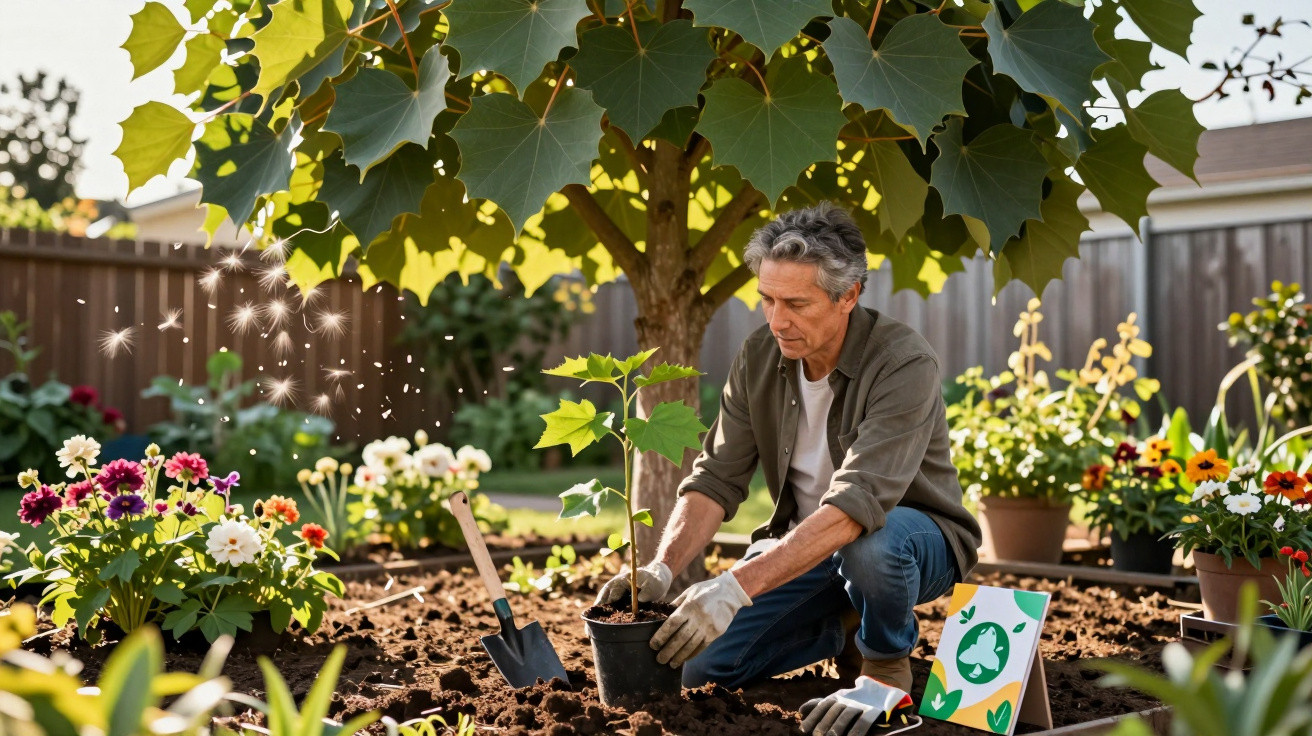Homem a plantar uma pequena árvore num jardim florido com várias flores e uma pá na terra.