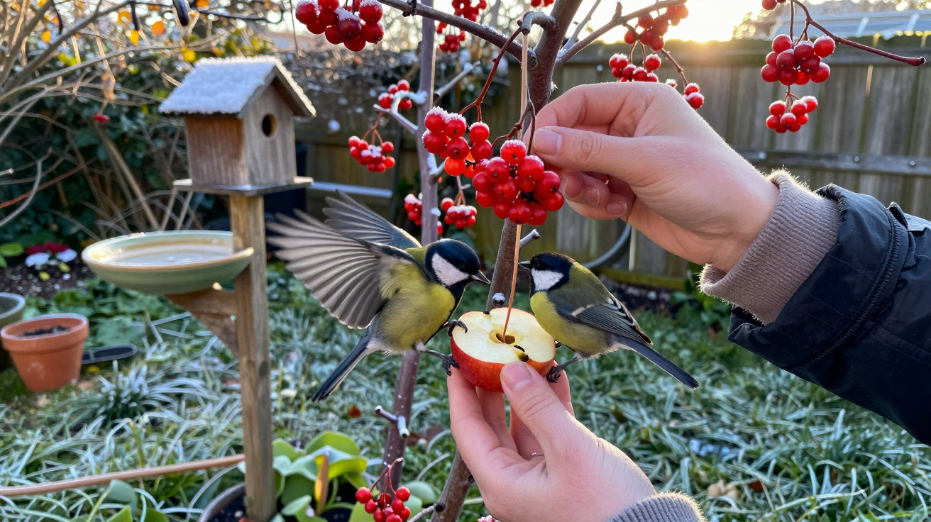 Duas aves a comerem maçã oferecida por mãos humanas, em jardim com plantas e comedouro de pássaros.