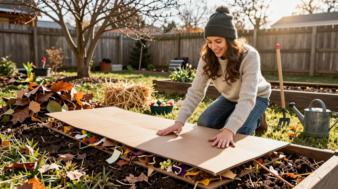 Mulher a preparar canteiro de jardim com cartão e folhas para compostagem no outono.
