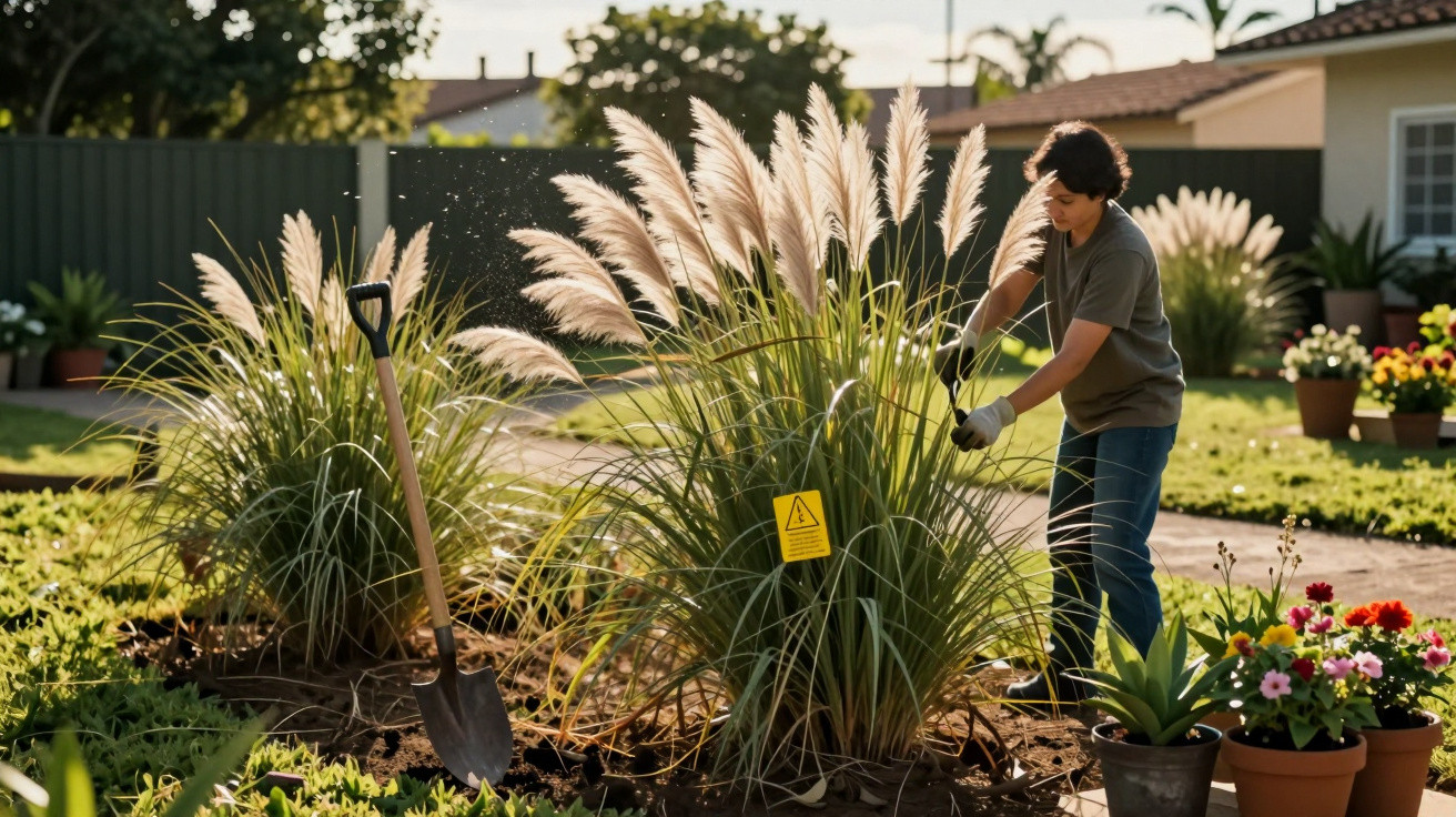 Pessoa a cuidar de plantas altas com flores brancas num jardim ensolarado, com enxada cravada na terra.
