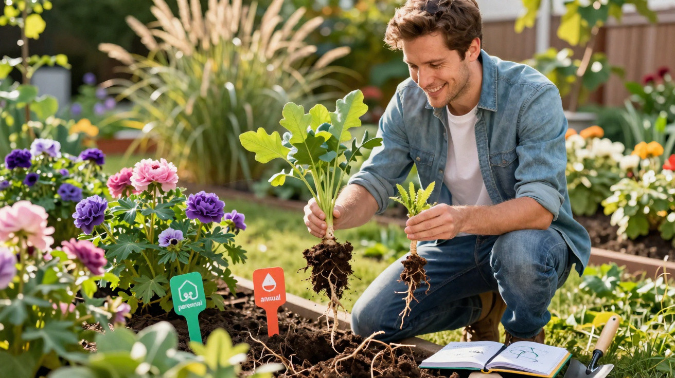 Homem feliz a plantar plantas numa horta urbana com flores e livro aberto na relva.