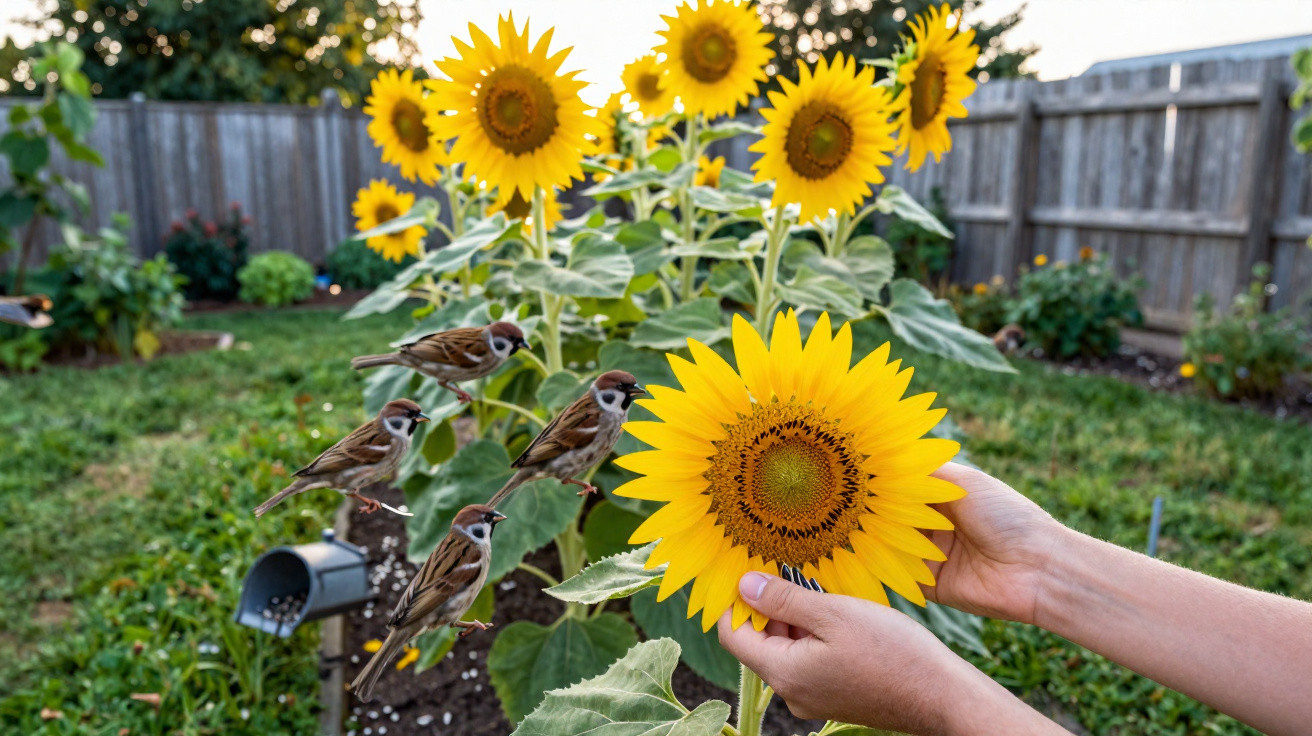 Mãos seguram um girassol amarelo em jardim com vários girassóis e quatro pássaros pousados nas folhas.