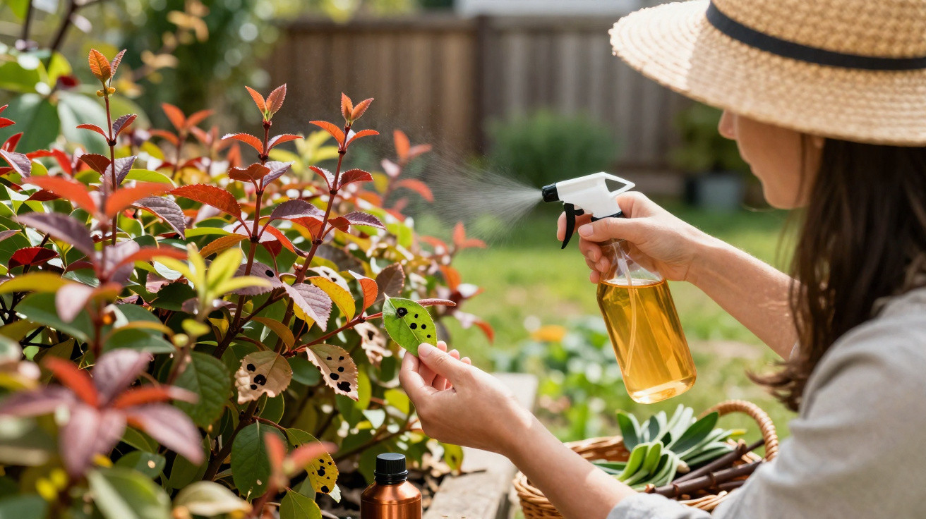 Pessoa a pulverizar plantas com folhas danificadas num jardim ao ar livre durante o dia.