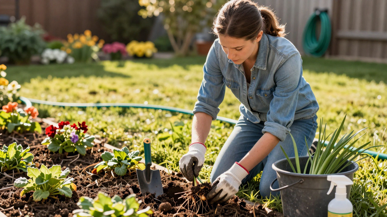 Mulher a cuidar de plantas e flores num jardim, a cavar terra com luvas e ferramentas de jardinagem.