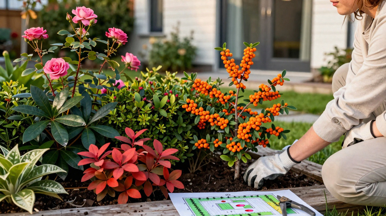 Pessoa a jardinar plantas com bagas laranja e flores cor de rosa num canteiro elevado junto a uma casa.