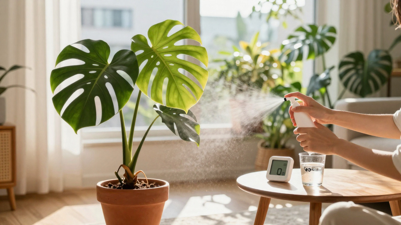 Pessoa a borrifar água numa planta Monstera em vaso dentro de casa, com luz natural junto a uma janela.