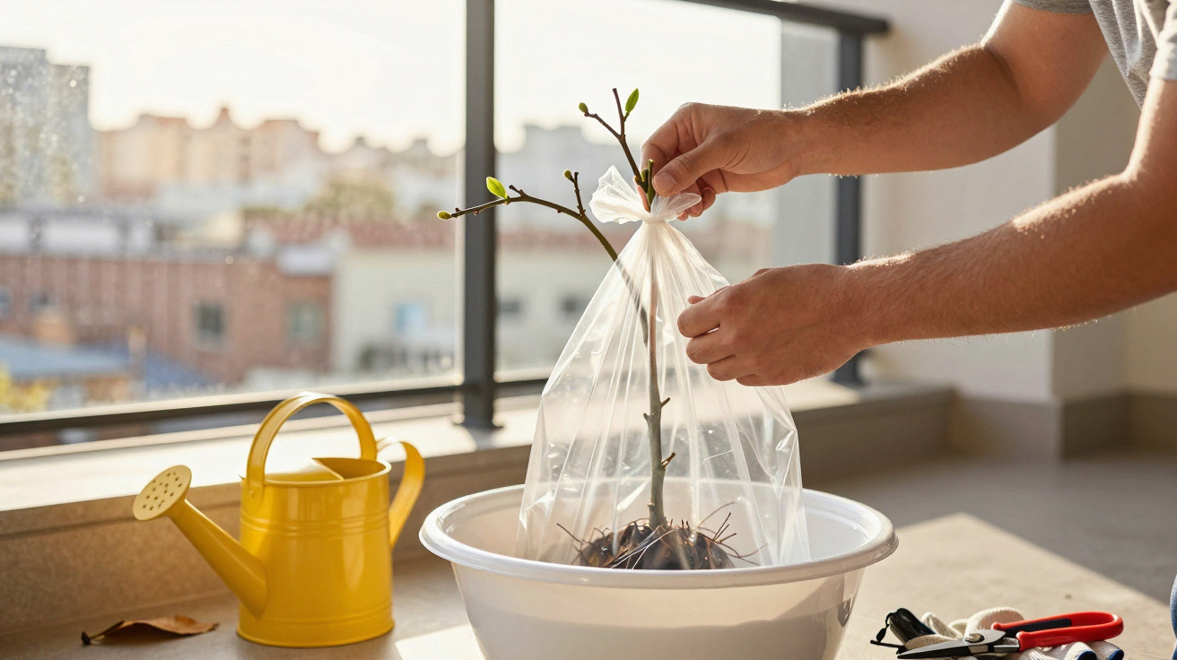 Pessoa a colocar saco plástico em muda de planta num recipiente branco, ao lado de um regador amarelo.
