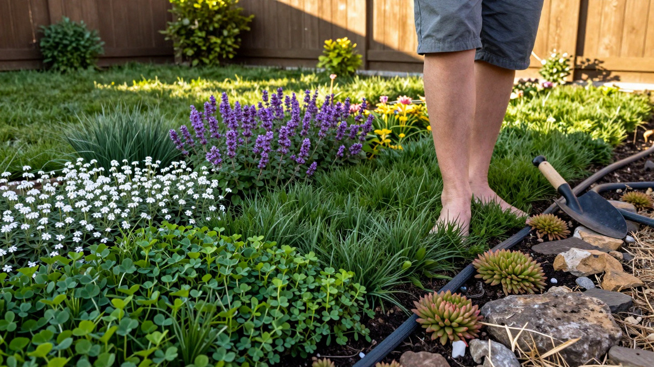 Pessoa de calções a cuidar de um jardim com várias flores e plantas, com uma pá colocada no chão.