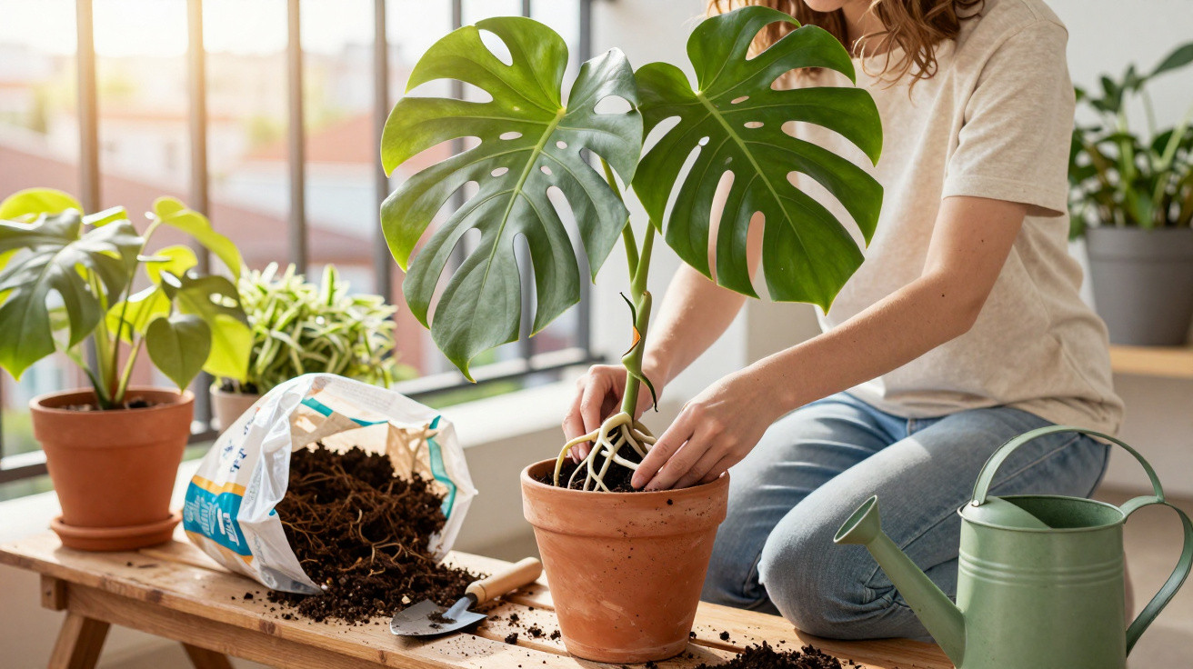 Pessoa a cuidar de planta Monstera em vaso de barro, com terra e regador num banco de madeira junto a janela.