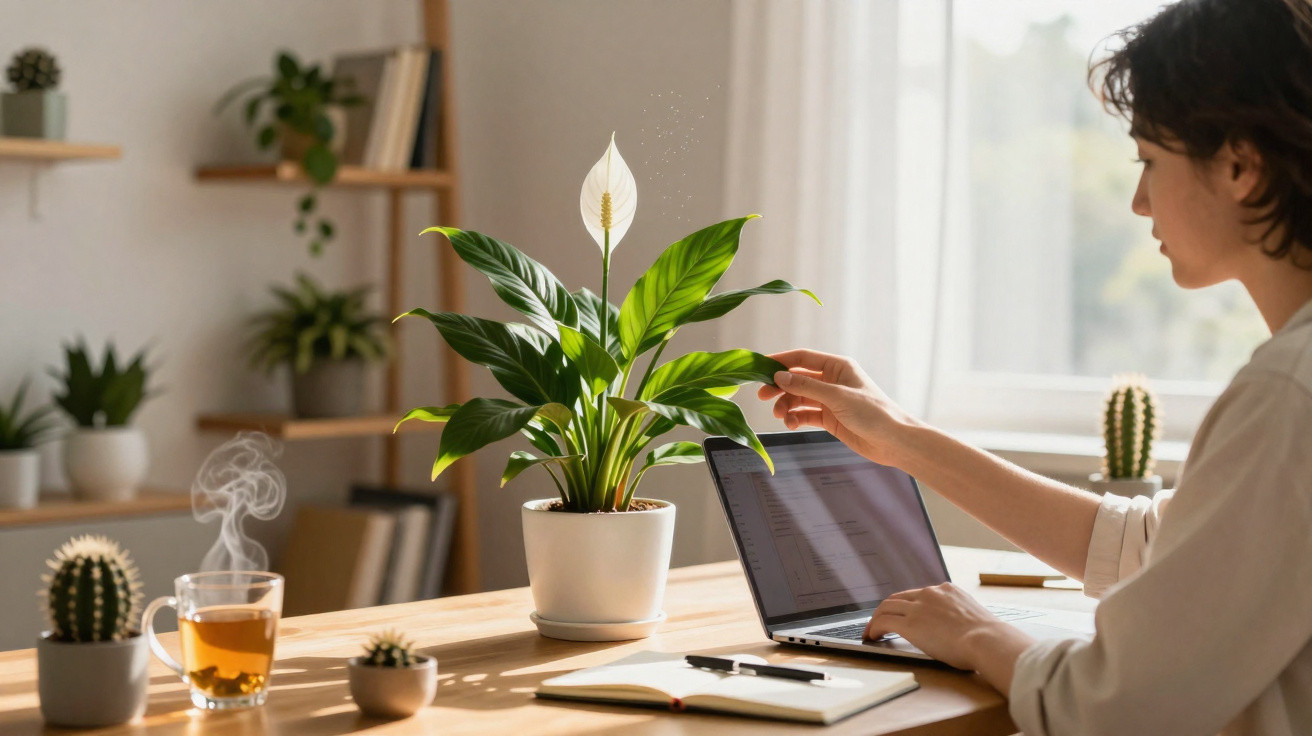 Pessoa a trabalhar num portátil junto a plantas decorativas num escritório com luz natural.