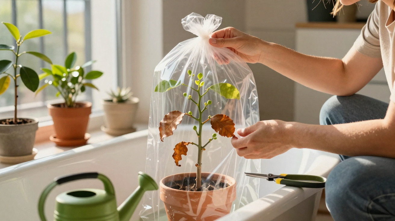 Pessoa cobre planta com saco plástico numa casa de banho, ao lado de regador verde e várias plantas.