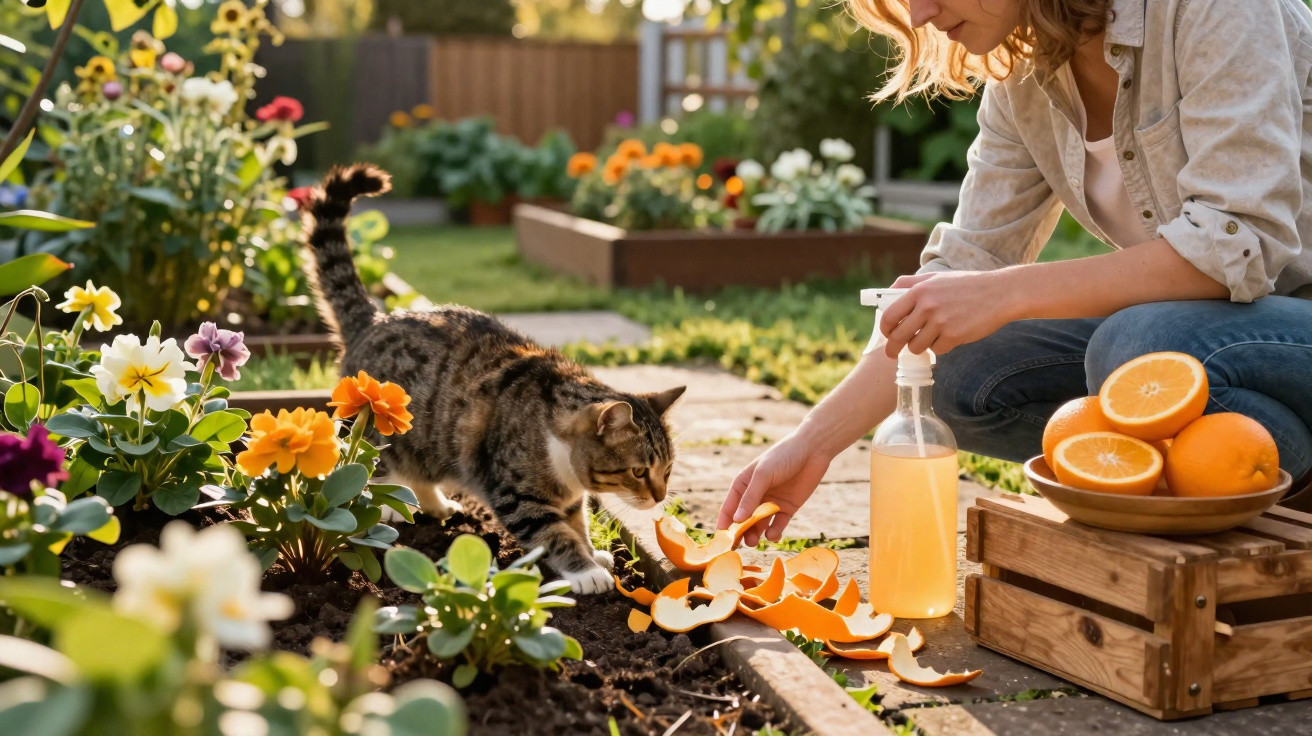 Mulher rega plantas e oferece cascas de laranja a gato num jardim florido ao pôr do sol.