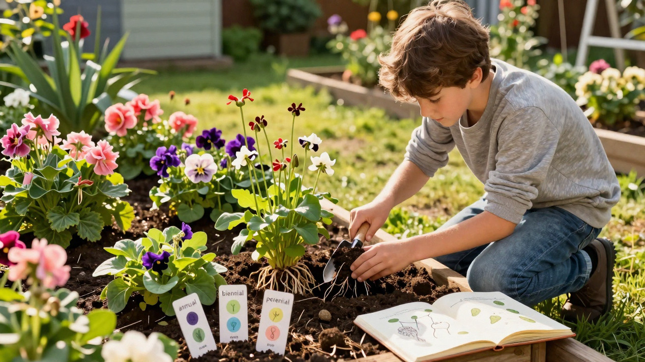Menino debruçado a plantar flores numa horta com livro aberto e etiquetas de plantas ao lado.