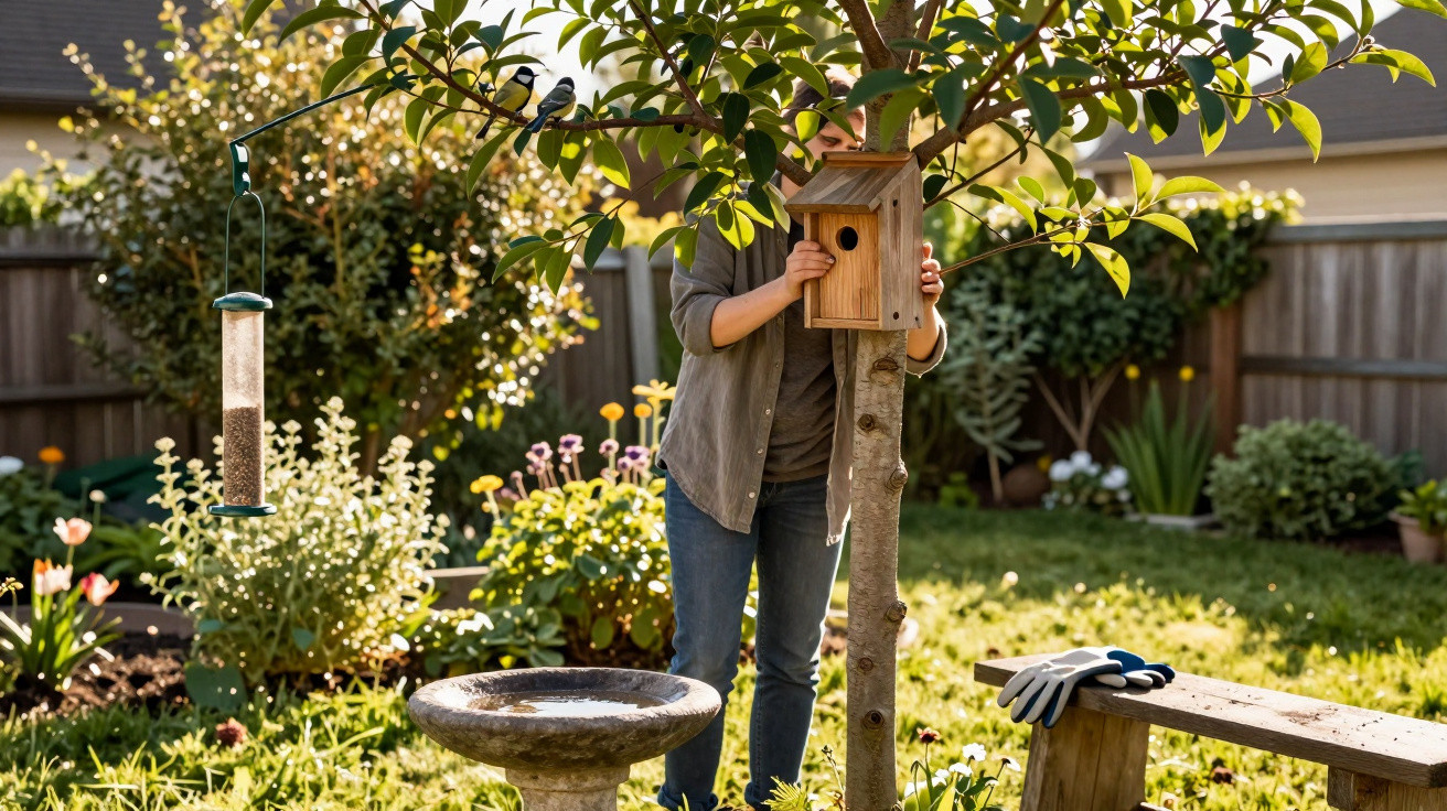Pessoa a instalar uma casa de pássaros numa árvore num jardim com vegetação e comedouro para aves.