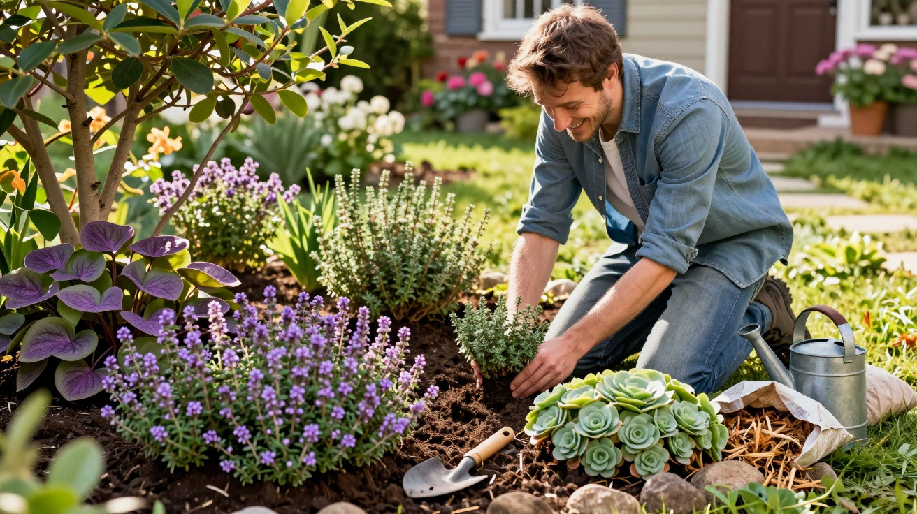Homem sorridente a plantar ervas aromáticas num jardim florido em frente a uma casa.