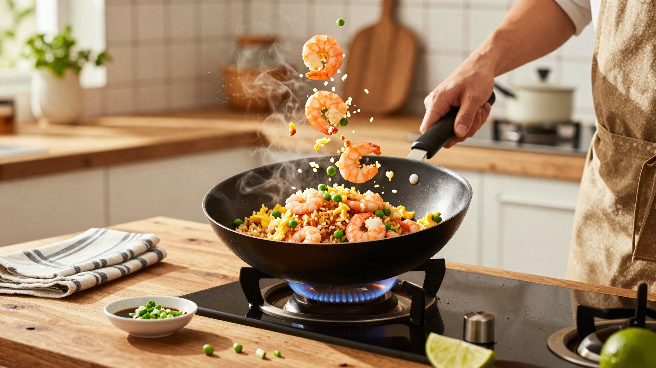 Pessoa a cozinhar arroz frito com camarão e ervilhas numa frigideira sobre um fogão a gás.