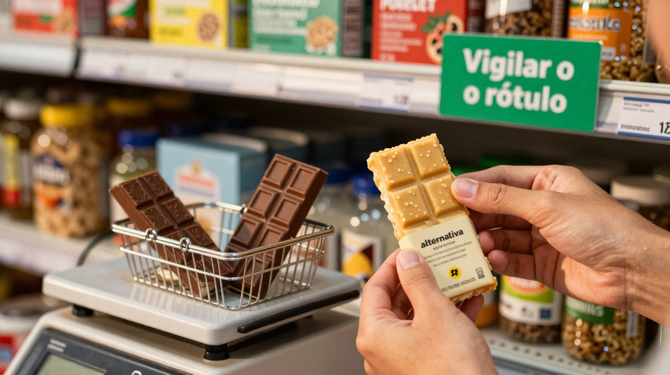 Mãos a segurar barra de chocolate branca numa loja com chocolates em barra e sinal “Vigilar o rótulo” ao fundo.