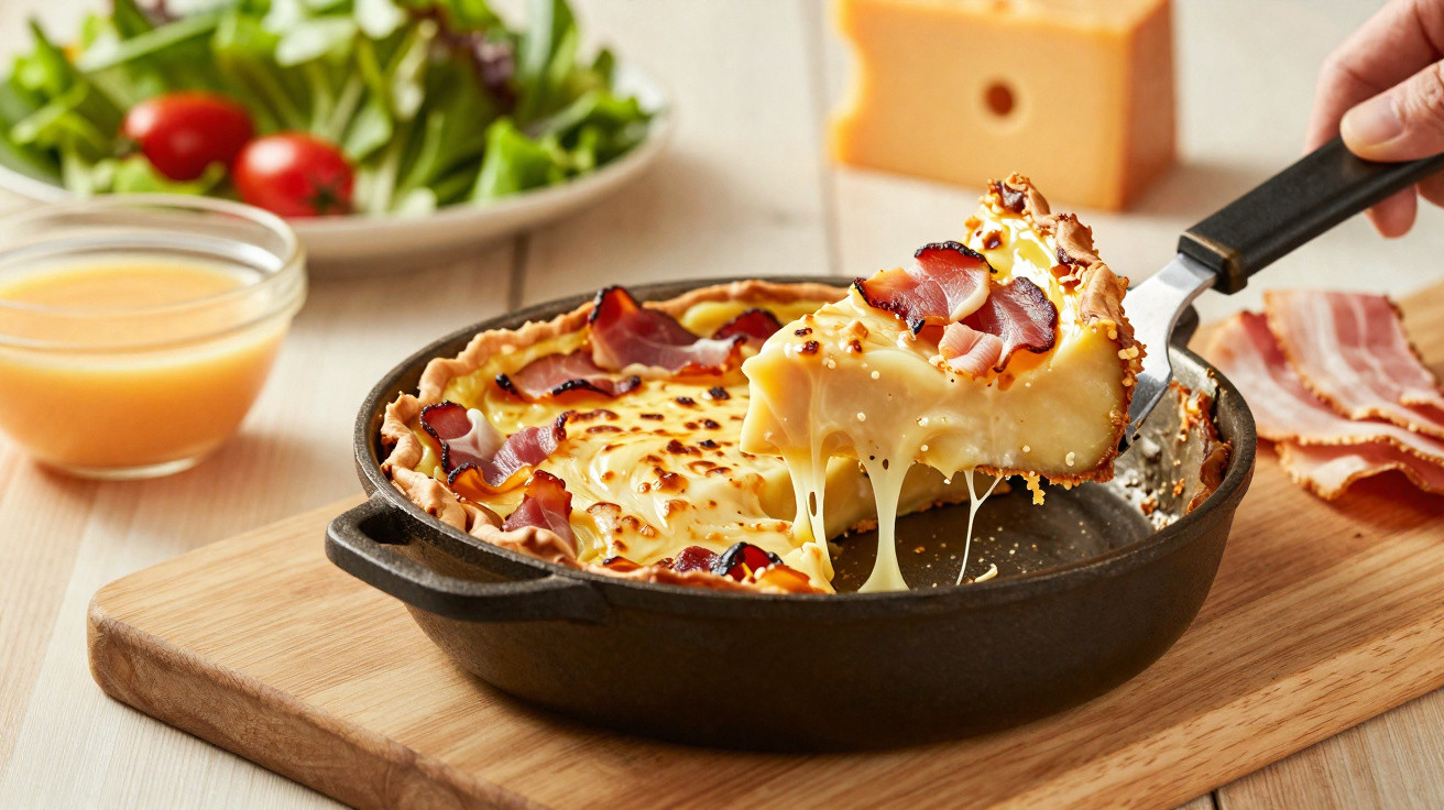 Tarte cremosa de queijo gratinado com bacon, servida numa frigideira preta sobre tábua de madeira.