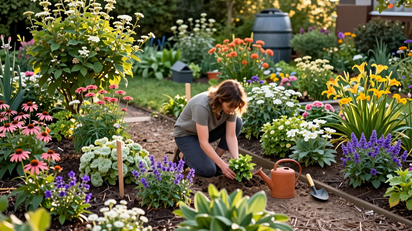 Mulher a cuidar de plantas num jardim florido com regador e enxada ao lado.