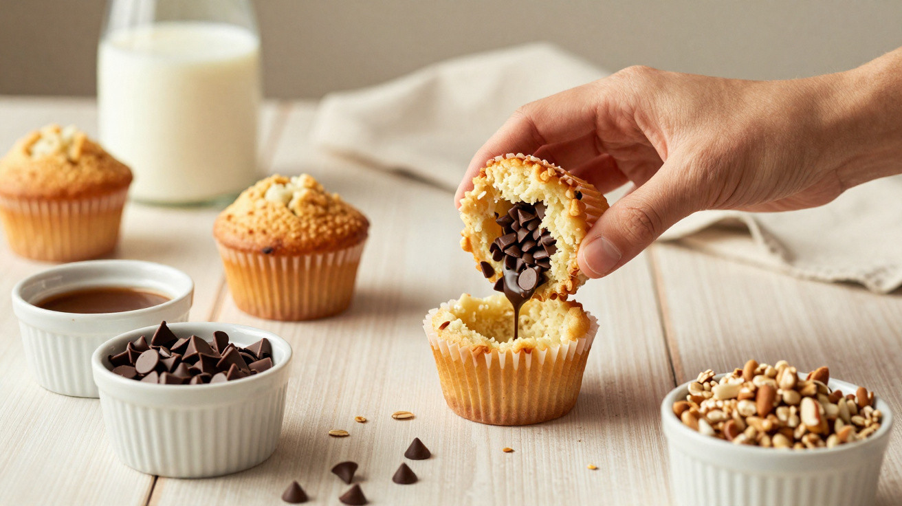 Mão a rechear um muffin com gotas de chocolate, com outros muffins, chocolate, nozes e leite ao fundo.