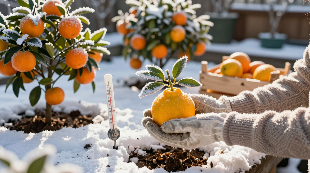 Pessoa com luvas a segurar uma laranja com geada, ao lado de plantas de laranja em neve com termómetro no jardim.