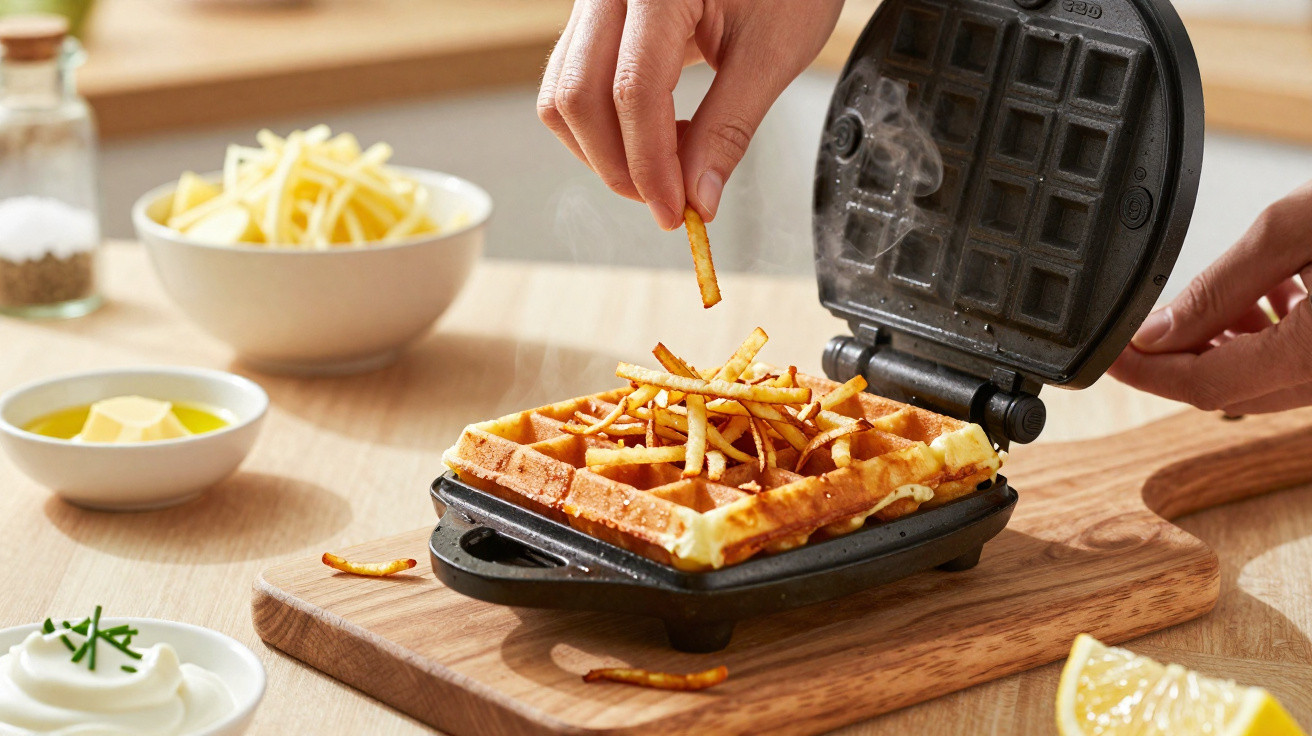 Waffle salgado na máquina, coberto com batatas palha e mãos a colocar mais batatas no topo.