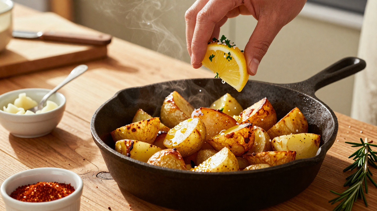 Batatas assadas numa frigideira preta, temperadas com limão e ervas frescas numa bancada de madeira.
