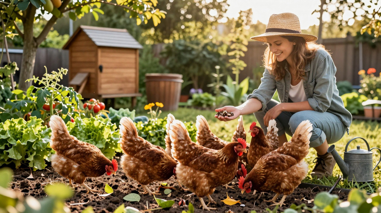 Mulher com chapéu a alimentar galinhas num jardim com vegetais e flores ao amanhecer.