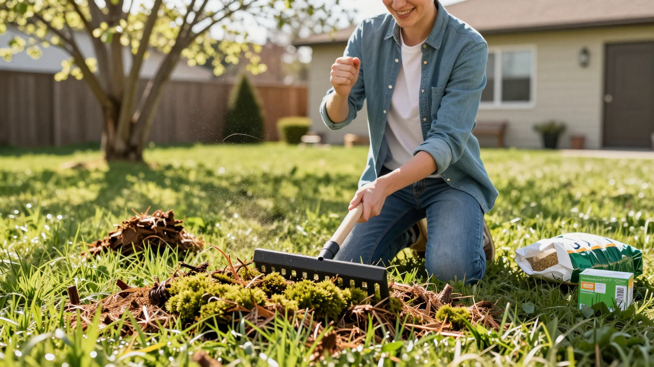 Pessoa sorridente a limpar e cuidar de uma cama de plantas num jardim ensolarado à frente de uma casa.