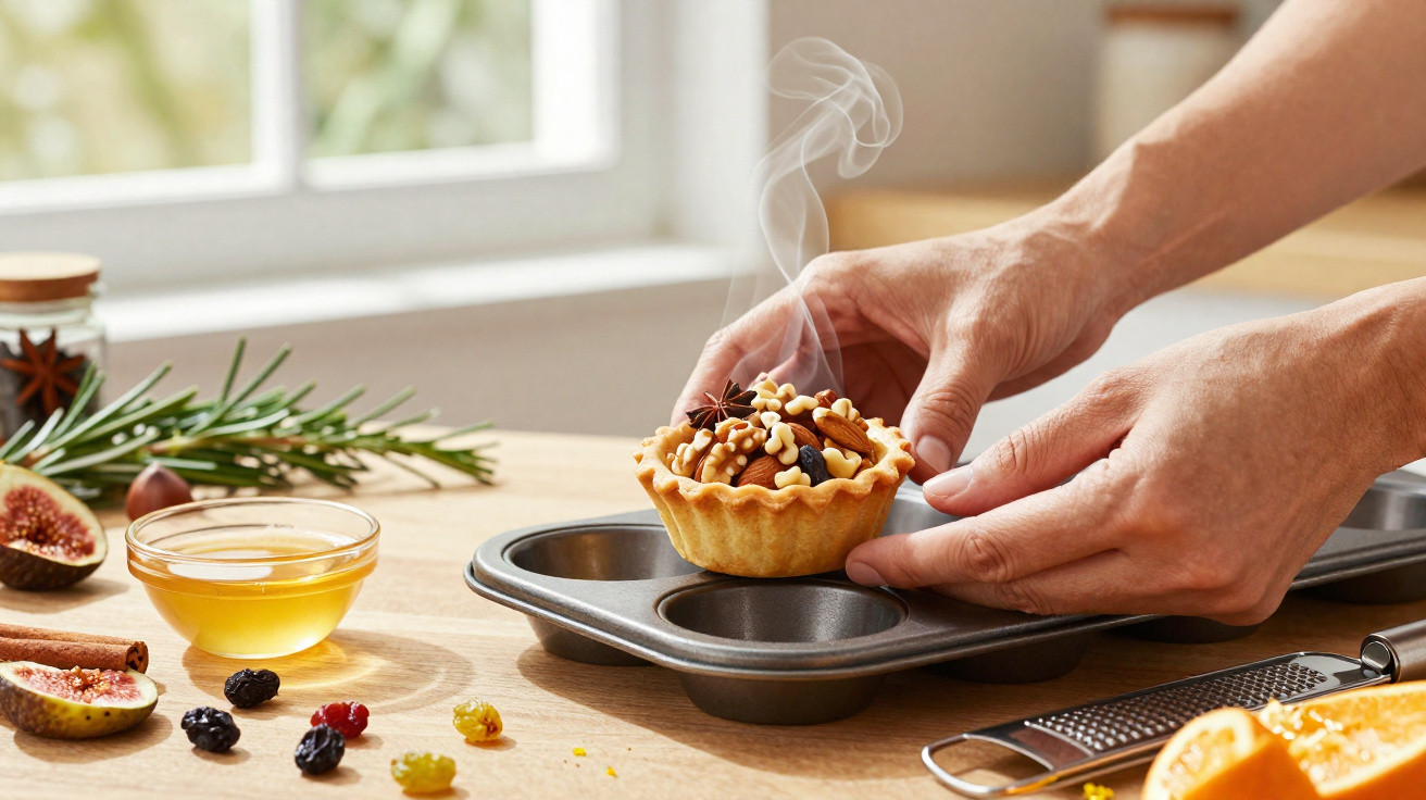 Mãos a colocar tarte quente com frutos secos num tabuleiro de metal, rodeada de ingredientes na bancada da cozinha.