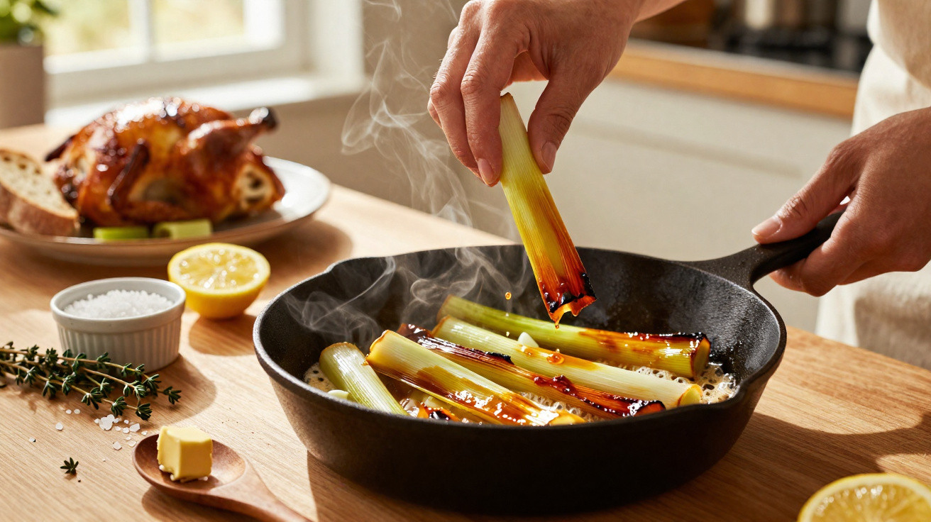 Pessoa a cozinhar alhos-franceses grelhados numa frigideira de ferro, com frango assado e limão ao fundo.